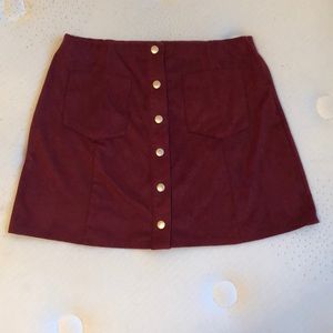 burgundy high waisted button down faux suede skirt